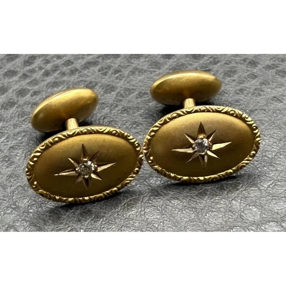 VTG Victorian 14K Solid Yellow Gold Genuine Diamond Star Starburst Cufflinks